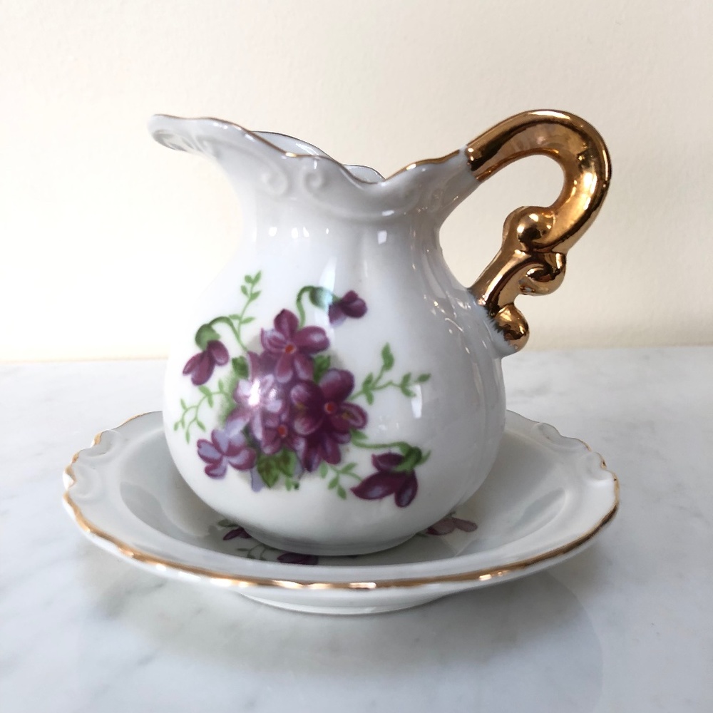 💰SOLD💰 Vintage Victorian Miniature Decorative Purple Floral Water Pitcher Plate